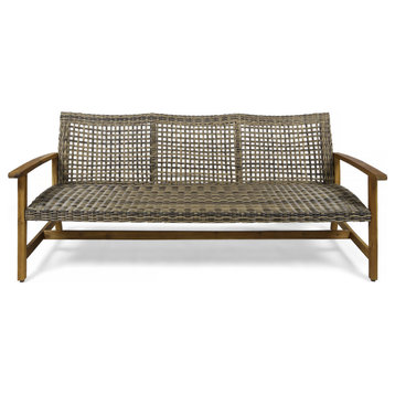 Marcia Outdoor Wood and Wicker Sofa, Natural Stain/Gray