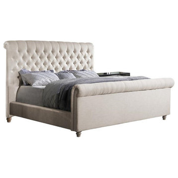 Best Master Marseille Fabric Upholstered Tufted Queen Bed in Cream