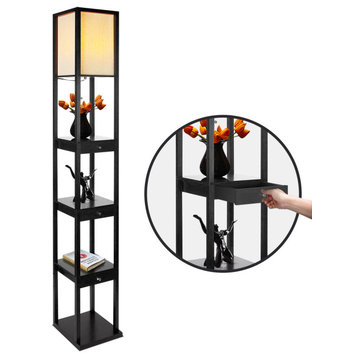 Brightech Maxwell Drawer Edition Shelf and LED Floor Lamp Combination, Black