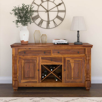 Oroville Rustic Solid Wood 3 Drawer Wine Rack Large Bar Sideboard