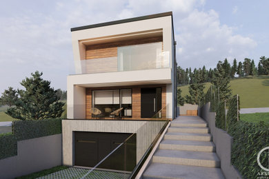 Diseño de fachada de casa moderna de tamaño medio de tres plantas