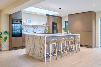 Inspiration for a contemporary grey and white kitchen/diner in Other with quartz worktops, white splashback, stone slab splashback, an island and white worktops.