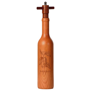 Engraved Wine Bottle Shaped Pepper Grinder, Cherry Wood, Pepper Botanical