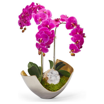 Orchids in Mixed Metal Scoop, Fuchsia With Geode