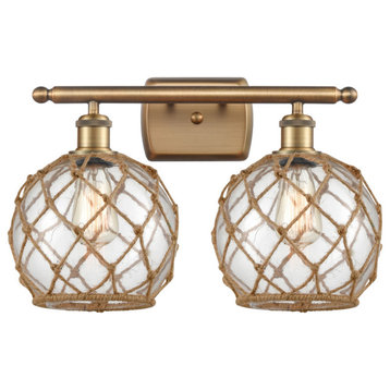 Farmhouse 2-Light Bath Vanity-Light, Brushed Brass, Clear Glass With Brown Rope