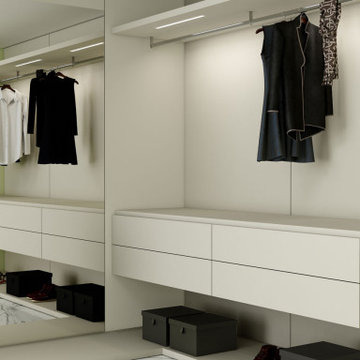 Fitted Walk in wardrobe in Light grey matt finish supplied by Inspired Elements