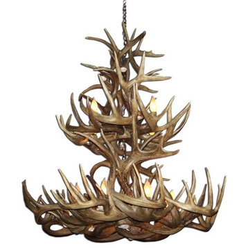 Real Shed Antler Double Tier Whitetail Chandelier, Large, With Parchment Shades