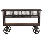 World Interiors - Paxton 60-Inch Reclaimed Teak Utility Cart with Gray Zinc Wheels - Reclaimed teak wood and a mixture of hand-forged and cast iron fuse together to create an eclectic assortment of accent pieces in the Paxton collection. Crafted exclusively from reclaimed materials, each piece in this collection is visually stunning and is sure to make a lasting impact in your home while simultaneously preserving valuable natural resources. The utility carts of the Paxton collection are unique pieces of furniture that can offer a variety of uses for your home. This utility cart's frame is recycled iron in gray zinc finish, along with the four operable wheels affixed to the base that afford ease of transportability. With four chickenwire style drawers, you can use this cart to house anything from office or kitchen supplies to your favorite knick knacks. The utility cart features a panel design in the reclaimed teak on the top and bottom shelf that is wrapped in a water-based, catalyzed, weathered walnut finish offering durability for daily use. Use this large utility cart to accent any room in your home with a functional, industrial piece of furniture.