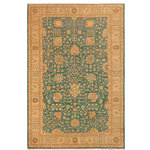 Bareens Designer Rugs - Shabby Chic Ziegler Lora Green Tan Hand-Knotted Wool Rug - 10'1'' x 13'8'' - Enhance the ambiance of your home with this magnificent Persian-influenced Turkish hand-knotted rug made by skilled artisans capable of creating the most exceptional vegetable dyes and hand-spun wool. This exquisite handmade rug is a one-of-a-kind Peshawar Kafkaz, otherwise identified as Chobi, Chobi Peshawar, Oushak, or Ziegler rug. These handmade rugs are crafted in Pakistan utilizing superior-quality wool imported from Australia, New Zealand, and Korea in two types of weaves: the Persian weave and the Mori weave. This rug is meticulously crafted by hand using the finest natural vegetable dyes extracted from local plants. The artisans use a blend of hand-spun local and fine merino wool, resulting in a rug with a compelling texture, higher lanolin content, and longer staple. The artisans occasionally incorporate natural or artificial silk into the pile to enhance specific motifs. The finished product is an awe-inspiring execution of flawless design and an understated palette that exudes elegance.