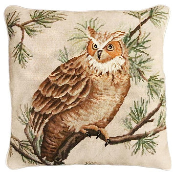 Throw Pillow Needlepoint Barn Owl Bird 18x18 Beige Orange Brown Type