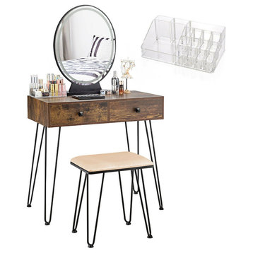 Retro Rustic Vanity Set, Round Mirror & LED Lights With Touch Switch, Tan