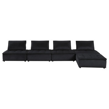 Alaya 5-Piece Foam Modular Sectional Sofa With Ottoman, Black Velvet Upholstery