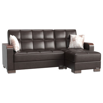 L-Shape Sleeper Sofa, Square Tufted Seat, Brown Leatherette