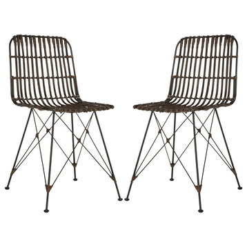 Set of 2 Dining Chair, Metal Legs With X-Shaped Support & Rattan Seat, Brown