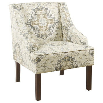 Fabric Upholstered Wooden Accent Chair With Swooping Armrests, Multicolor