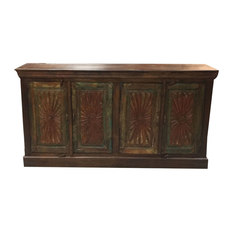 Mogul Interior - Consigned Antique Carved Chest Red Green Chakra Sideboards Chest Console Buffet - Buffets And Sideboards