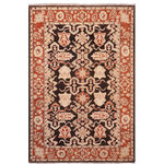 Bareens Designer Rugs - Shabby Chic Ziegler Sherrill Black Rust Hand-Knotted Wool Rug - 4'10'' x 6'3'' - Enhance the ambiance of your home with this magnificent Persian-influenced Turkish hand-knotted rug made by skilled artisans capable of creating the most exceptional vegetable dyes and hand-spun wool. This exquisite handmade rug is a one-of-a-kind Peshawar Kafkaz, otherwise identified as Chobi, Chobi Peshawar, Oushak, or Ziegler rug. These handmade rugs are crafted in Pakistan utilizing superior-quality wool imported from Australia, New Zealand, and Korea in two types of weaves: the Persian weave and the Mori weave. This rug is meticulously crafted by hand using the finest natural vegetable dyes extracted from local plants. The artisans use a blend of hand-spun local and fine merino wool, resulting in a rug with a compelling texture, higher lanolin content, and longer staple. The artisans occasionally incorporate natural or artificial silk into the pile to enhance specific motifs. The finished product is an awe-inspiring execution of flawless design and an understated palette that exudes elegance.