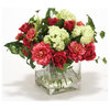 Waterlook® Fuschia Dahlia and Roses, Cream Green Snowballs in Glass Cube