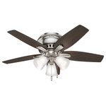 Hunter Fan Company - 42" Newsome Low Profile Ceiling Fan With Light, Brushed Nickel - With its charming appearance, the Newsome low-profile ceiling fan with light will complement your casual design style. The clean line details throughout the fan body and blade irons work together to create a coherent design that will fit any small room with a low ceiling. The three-light fixture provides your ideal ambiance while the 42-inch blades are powered by a three-speed WhisperWind motor delivering superior air movement and whisper-quiet performance so you get all the cooling power you want without the noise. The Newsome Collection offers you the freedom to choose from many different sizes, light kits, and other options to maintain a consistent look throughout every room in your home.