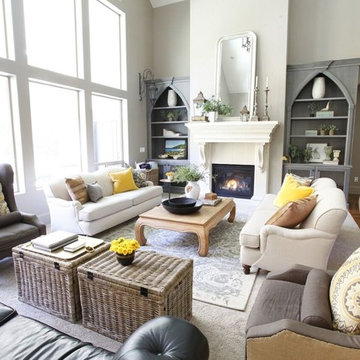 European Splendor, living room, black leather sofa, fireplace, mantle, built in