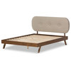Penelope Solid Walnut Wood Light Beige Fabric Upholstered Platform Bed, Queen