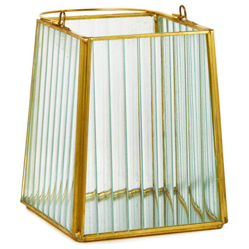 Serene Spaces Living Trapezoid / Hexagon Striped Glass Gold Candle Hurricane, Tr