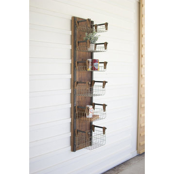 Recycled Wooden 56" Tall Farmhouse Wall Rack Organizer With 6-Wire Baskets