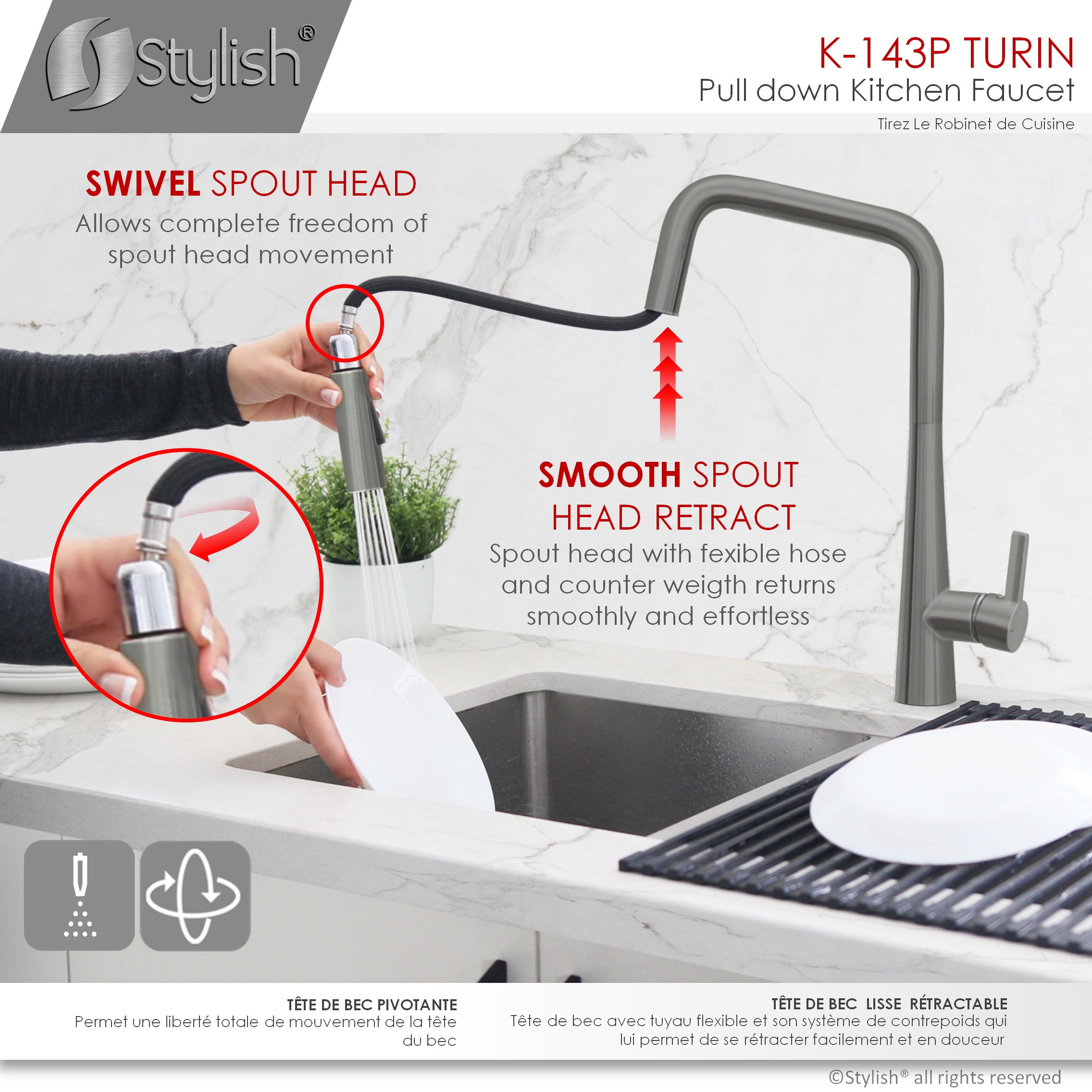 STYLISH Modern Single Handle Pull Down Sprayer Kitchen Faucet in Gunmetal