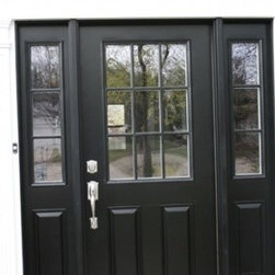 Black & White Entryway with black window grid front door - Front Doors