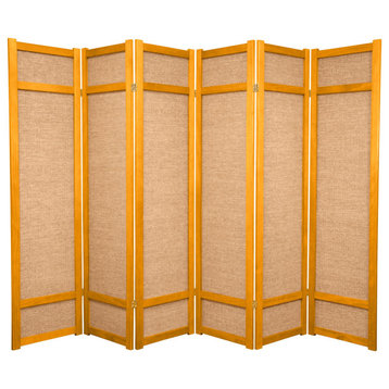 Traditional Room Divider, 6 Hinged Panel With Natural Woven Jute Shades, Yellow