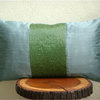 Green Metallic Beaded 12"x14" Silk Lumbar Pillow Cover, Green Center