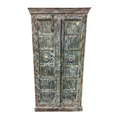 Mogul Interior - Consigned Antique Carved Almirah Blue Green Old Doors with Wardrobe Cabinate - Armoires And Wardrobes