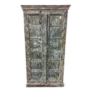 Mogul Interior - Consigned Antique Carved Almirah Blue Green Old Doors with Wardrobe Cabinate - Armoires And Wardrobes