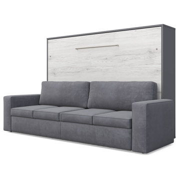 INVENTO Horizontal Murphy bed with Sofa and Mattress 55.1"x78.7", Slate Grey/White Monaco + Grey
