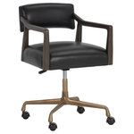 Sunpan - Keagan Office Chair, Cortina Black Leather - Design an inviting office space with the mid-century inspired Keagan office chair. The exposed dark brown oak wood arms and bronze base offers an airy element while paired with saloon light grey, cortina black and shalimar tobacco genuine leather. Handle with Care: This design has been crafted with 100% genuine leather. Leather is a natural material; as such markings, wrinkles, grooves and light scratches are acceptable and appreciated characteristics. No two pieces are alike.