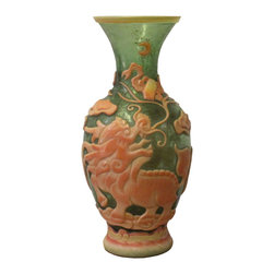 Chinese Peking Glass Green & Orange Handmade Kirin Lotus Vase - Decorative Jars And Urns