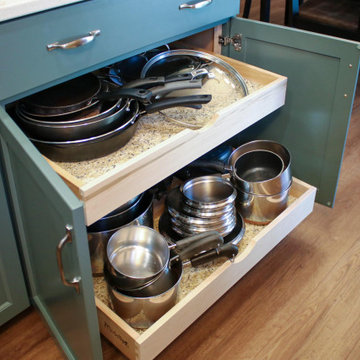 Two Tone Kitchen w/ Eucalyptus Green Island, Beige Quartz Countertops, Wine Bar