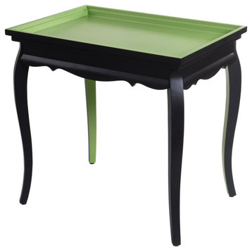 Classic End Table, Pine Wood Frame With Curved Legs & Tray Like Top, Black/Green
