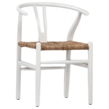 Moya Oak and Natural Woven Wicker Wishbone Back Dining Chair, Antique White