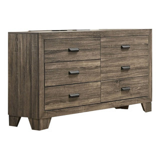 6 Drawer Wooden Dresser with Metal Pulls and Tapered Legs Brown