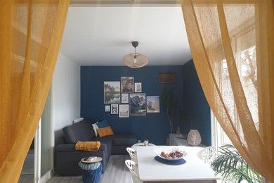 Cette photo montre un salon moderne avec un mur bleu.