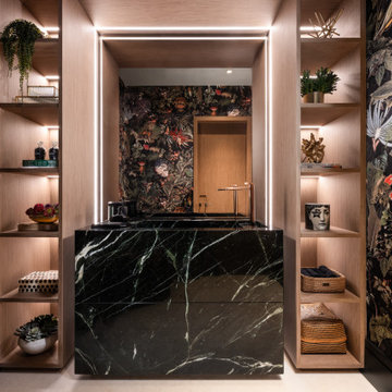 Bold Botanical Powder Room | Black Marble Vanity & Luxe Wallpaper