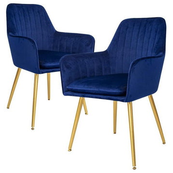 Set of 2 Accent Chair, Gold Metal Legs With Tufted Velvet Upholstery, Navy Blue