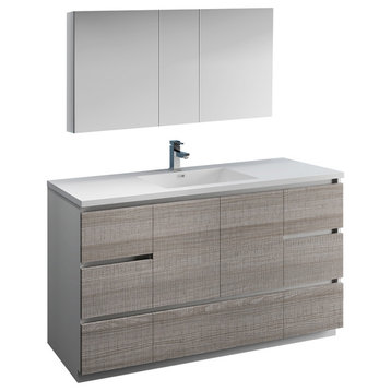 Fresca Lazzaro 60" Gloss Ash Gray Single Sink Vanity With Medicine Cabinet