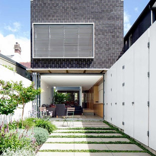 This is an example of a contemporary backyard formal garden in Sydney with a garden path and concrete pavers.