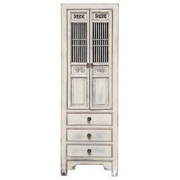 Distressed Off White Narrow Wood Carving Shutter Doors Storage Cabinet Hcs7482