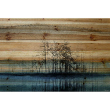 "Tree Isle Reflects" Painting Print on Natural Pine Wood, 60"x40"