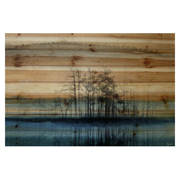 "Tree Isle Reflects" Painting Print on Natural Pine Wood, 60"x40"