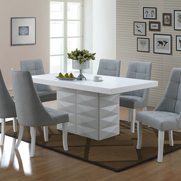 7 Piece White Wood Modern Rectangle Dinette Dining Room Table & 6 Blue Vinyl Cha