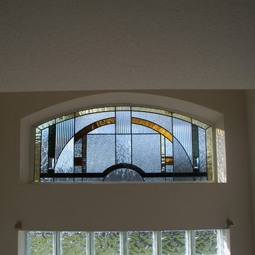 Prairie style stained glass window for a bathroom transom